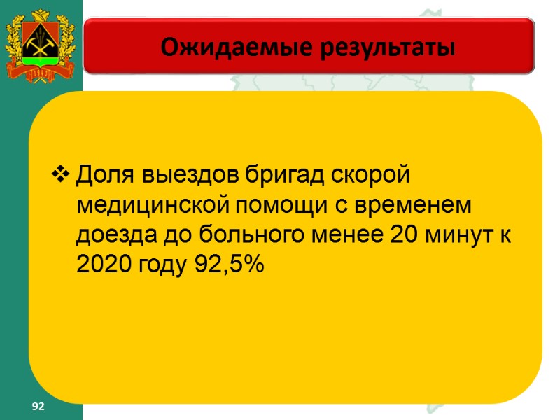 92 92 Ожидаемые результаты – Доля выездов бригад скорой медицинской помощи с временем доезда 92 92 Ожидаемые результаты – Доля выездов бригад скорой медицинской помощи с временем доезда
